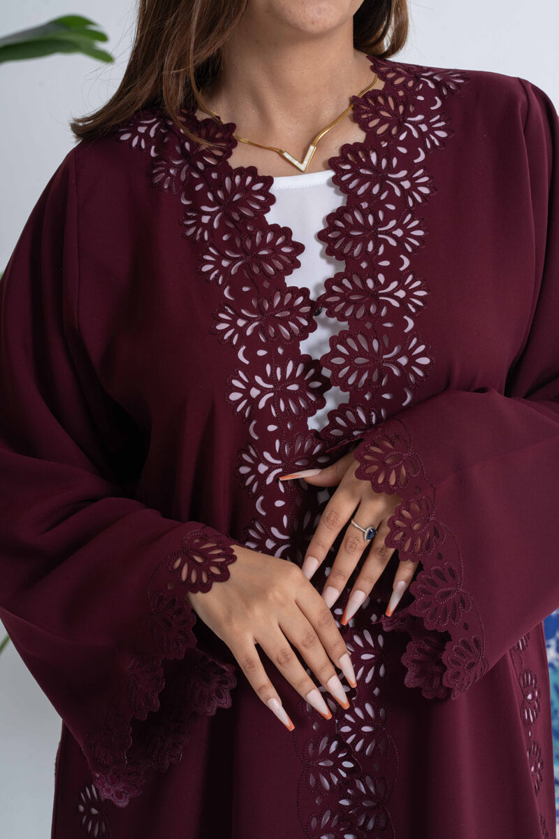 NY-24 - MEROON ABAYA WITH LASER CUT FLOWERS, FRONT AND SIDE (FUAA LINEN)