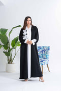 NY-25 - BLACK ABAYA WITH WHITE HAND CRAFTED FLOWERS (BARBIE)