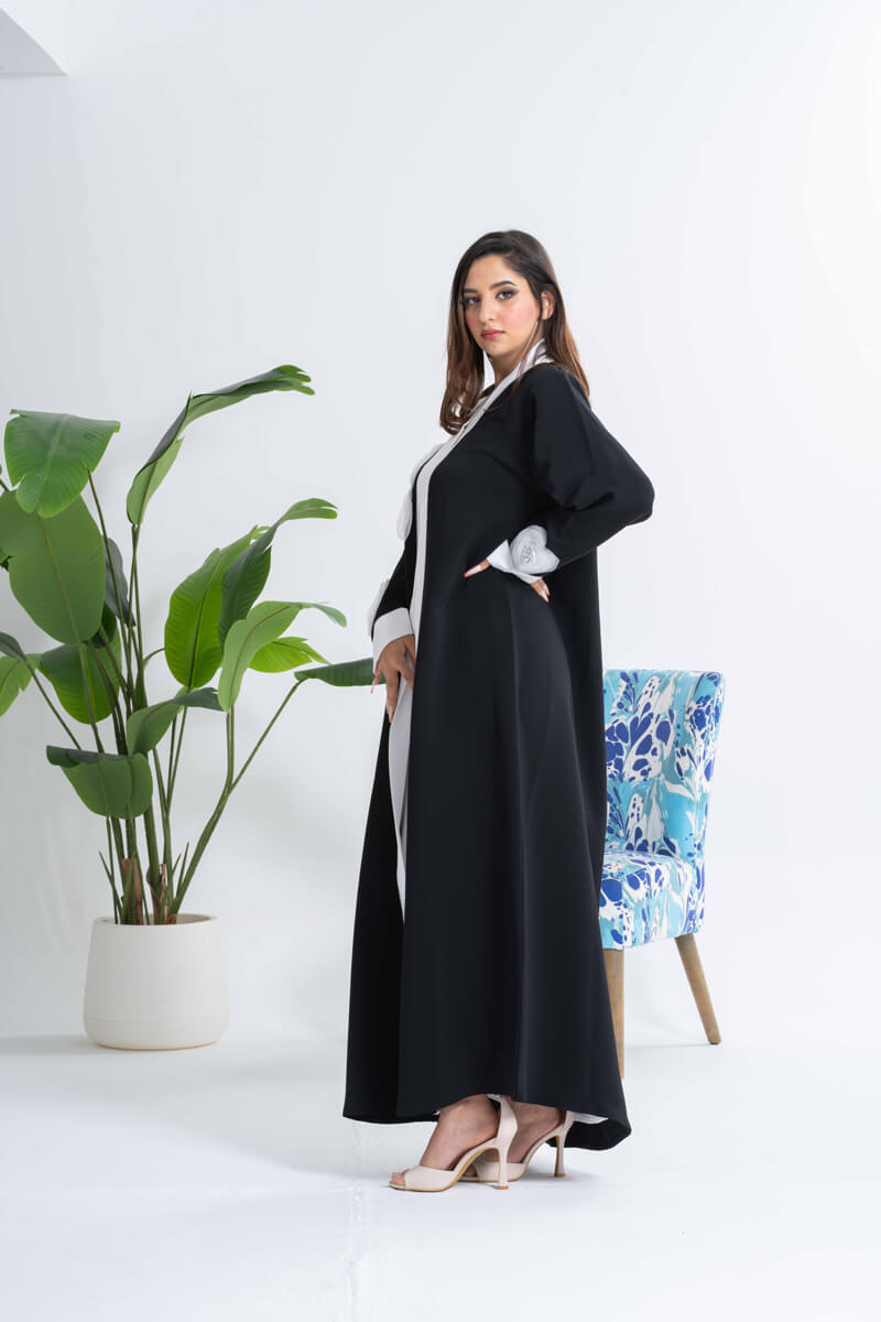 NY-25 - BLACK ABAYA WITH WHITE HAND CRAFTED FLOWERS (BARBIE)