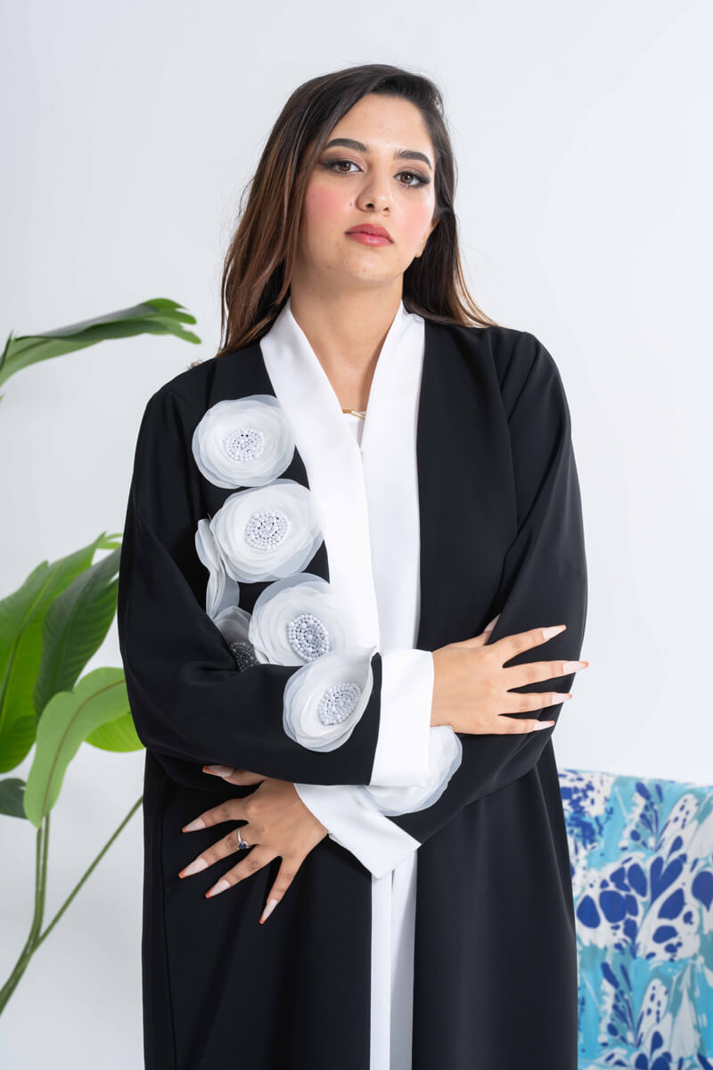 NY-25 - BLACK ABAYA WITH WHITE HAND CRAFTED FLOWERS (BARBIE)