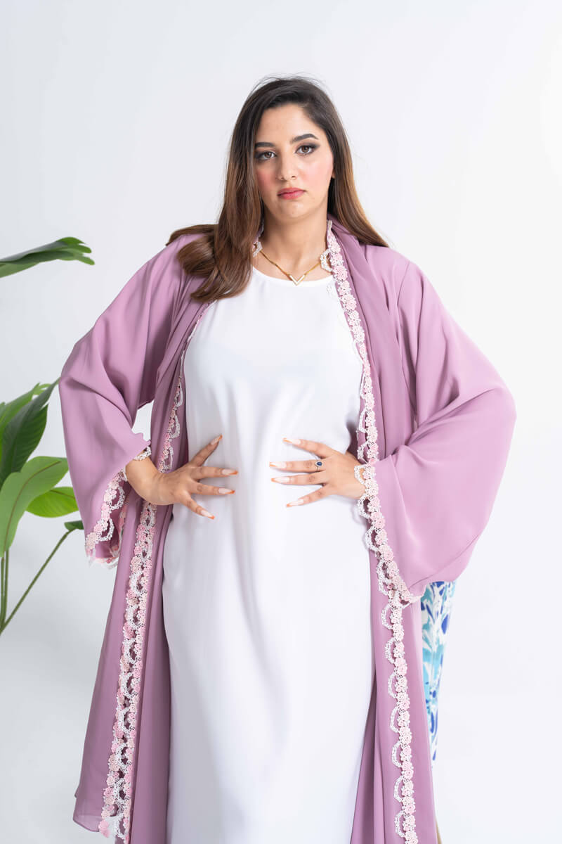 NY-26 - PINK ABAYA WITH FLORAL LAIS FINISHED WITH THE SAME PATTERN SHEILA (KOREAN NIDA)