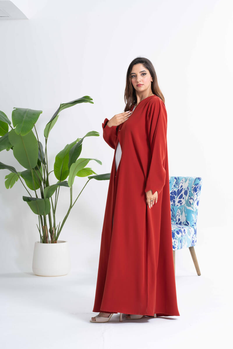 NY-66 - PLAIN FRONT WAVY PATTERN RED ABAYA WITH WHITE DRESS (BARBIE) (INNER WITH KOREAN NIDA)