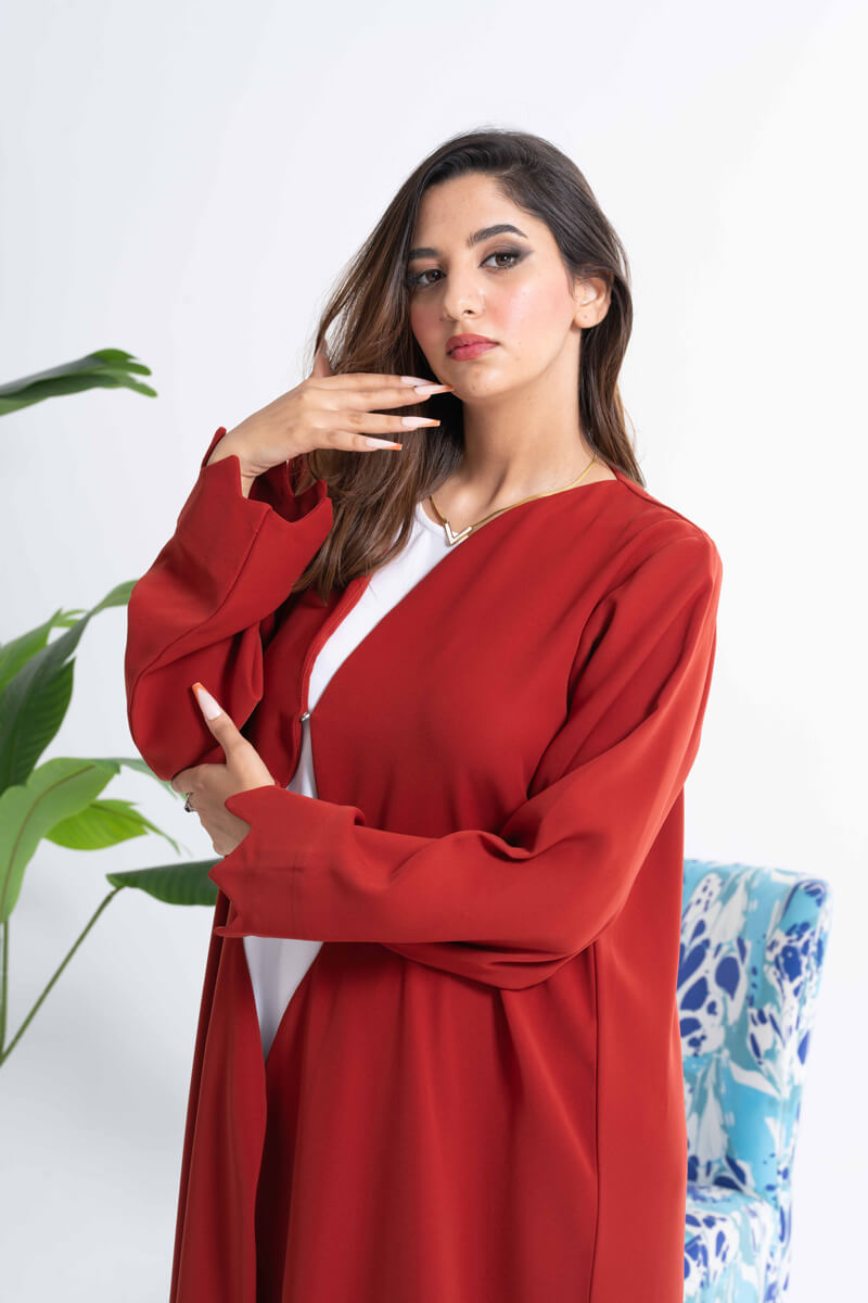 NY-66 - PLAIN FRONT WAVY PATTERN RED ABAYA WITH WHITE DRESS (BARBIE) (INNER WITH KOREAN NIDA)