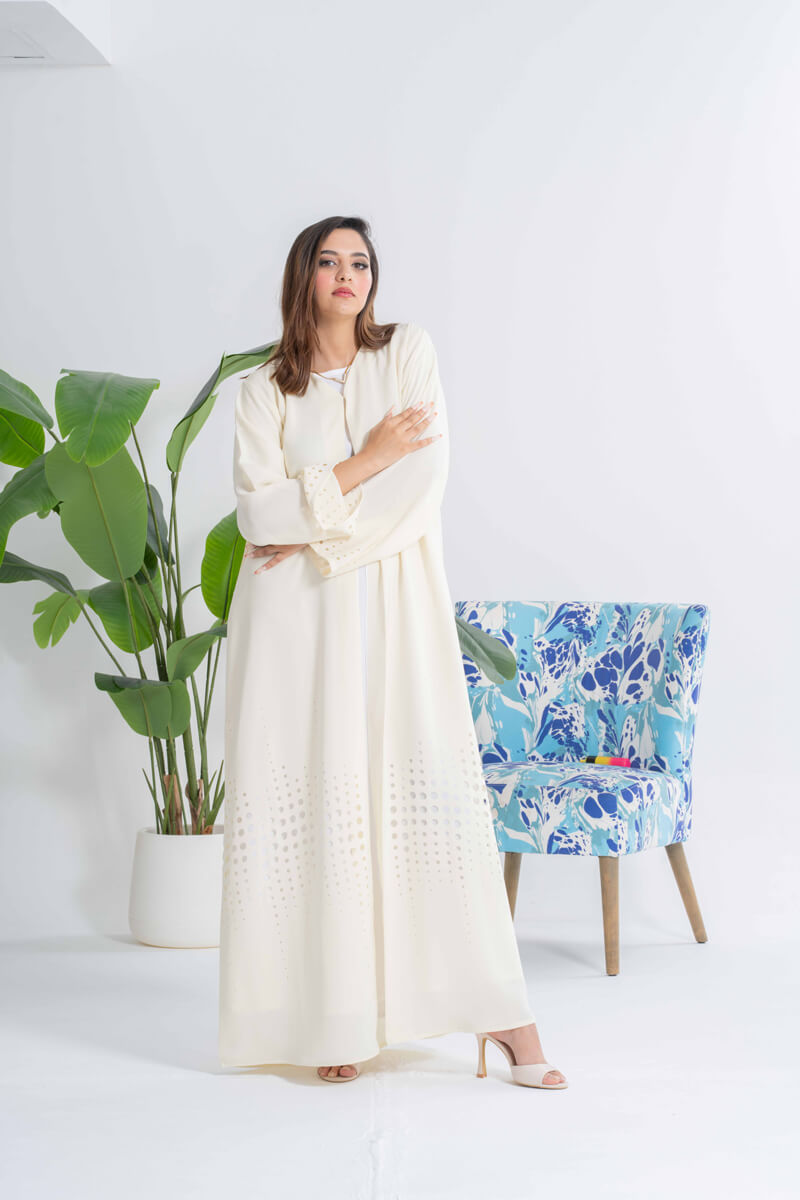 NY-29 - WHITE ABAYA WITH LASER PATTERN (KOREAN NIDA)