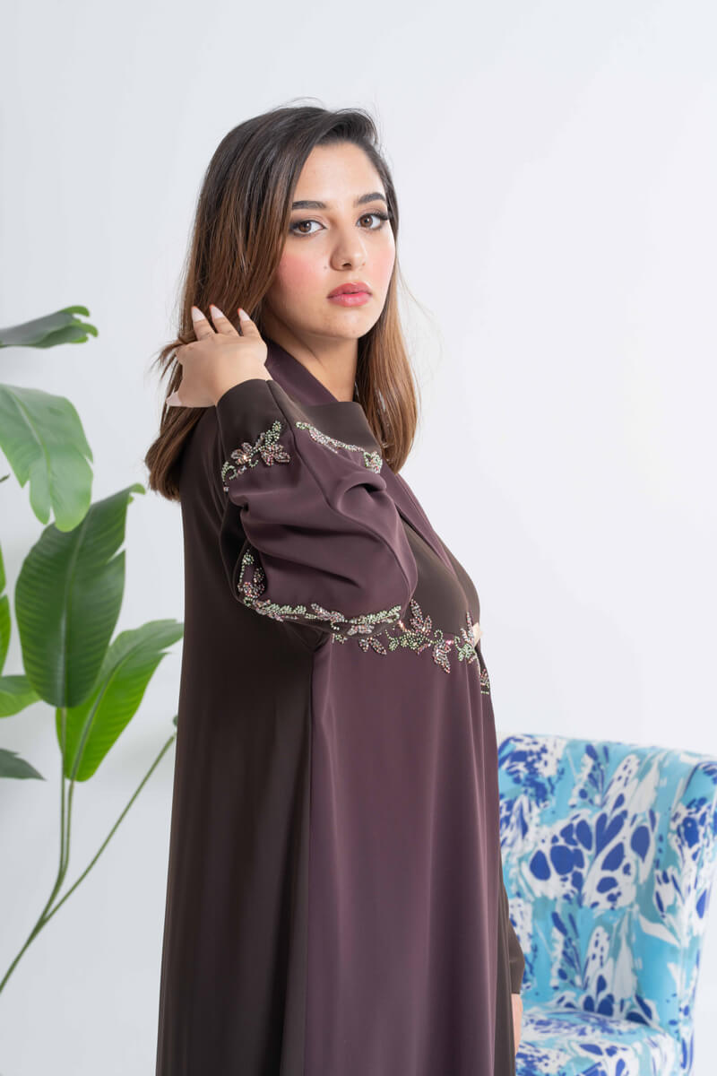 NY-31 - TWO TONE BROWN ABAYA WITH HANDWORK (BARBIE)