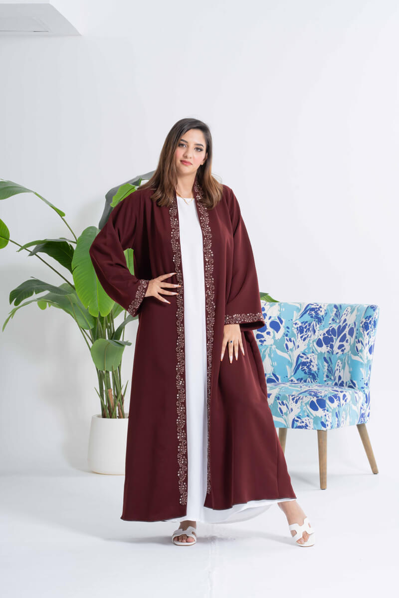 NY-32 - MEROON ABAYA WITH FRONT AND HAND, HANDWORK (BARBIE)