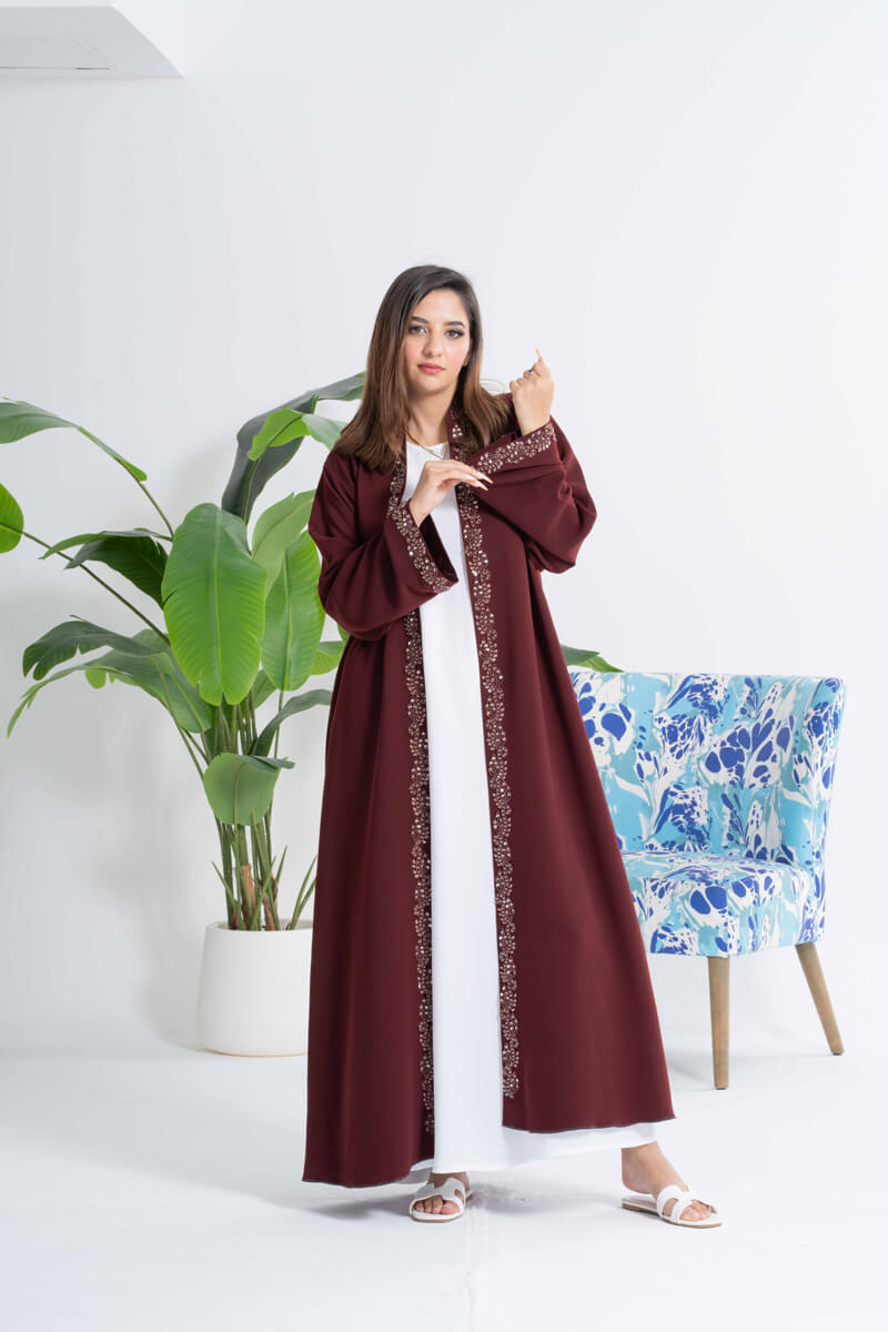 NY-32 - MEROON ABAYA WITH FRONT AND HAND, HANDWORK (BARBIE)
