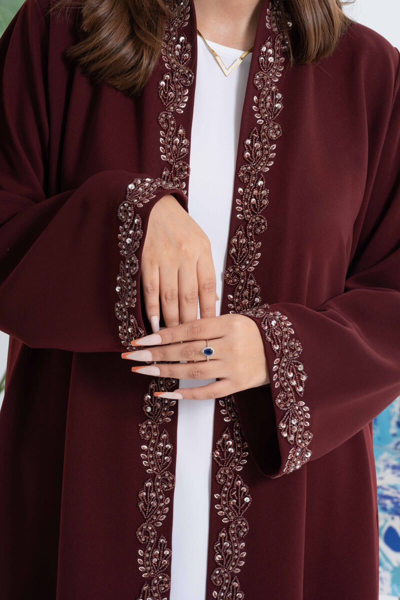 NY-32 - MEROON ABAYA WITH FRONT AND HAND, HANDWORK (BARBIE)