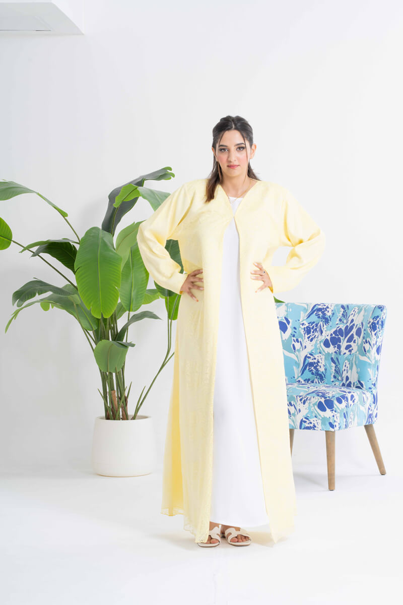 NY-33 - YELLOW ABAYA WITH DANTEL ALL OVER (SATAN)