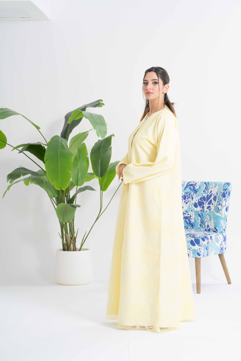 NY-33 - YELLOW ABAYA WITH DANTEL ALL OVER (SATAN)