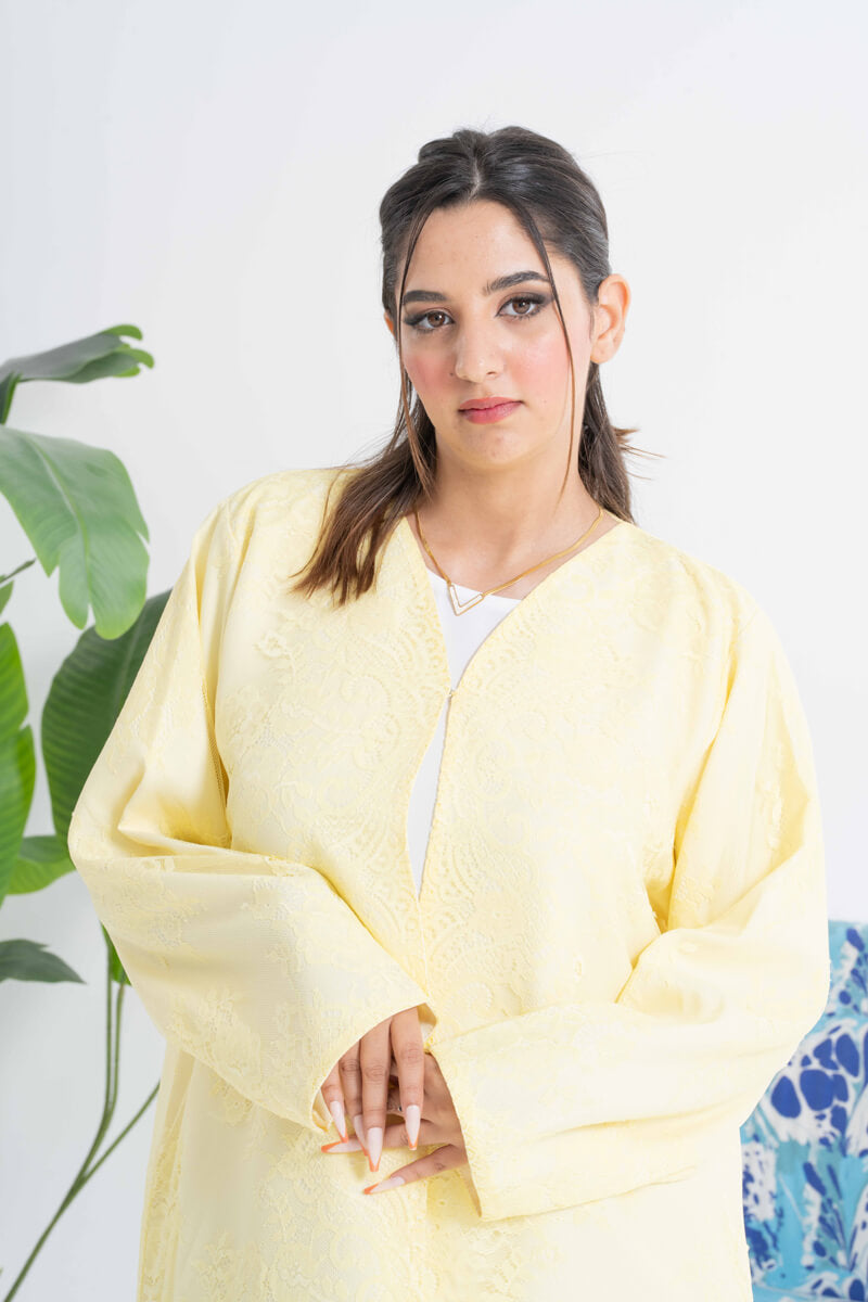 NY-33 - YELLOW ABAYA WITH DANTEL ALL OVER (SATAN)