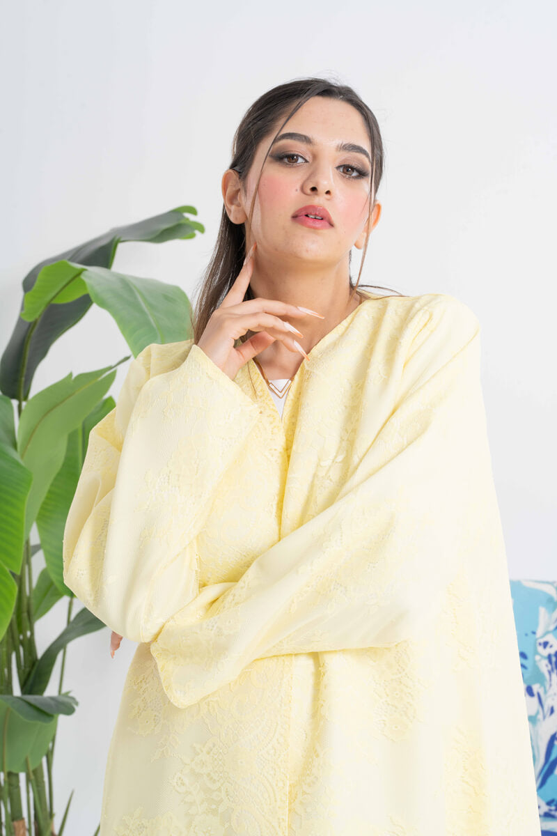 NY-33 - YELLOW ABAYA WITH DANTEL ALL OVER (SATAN)