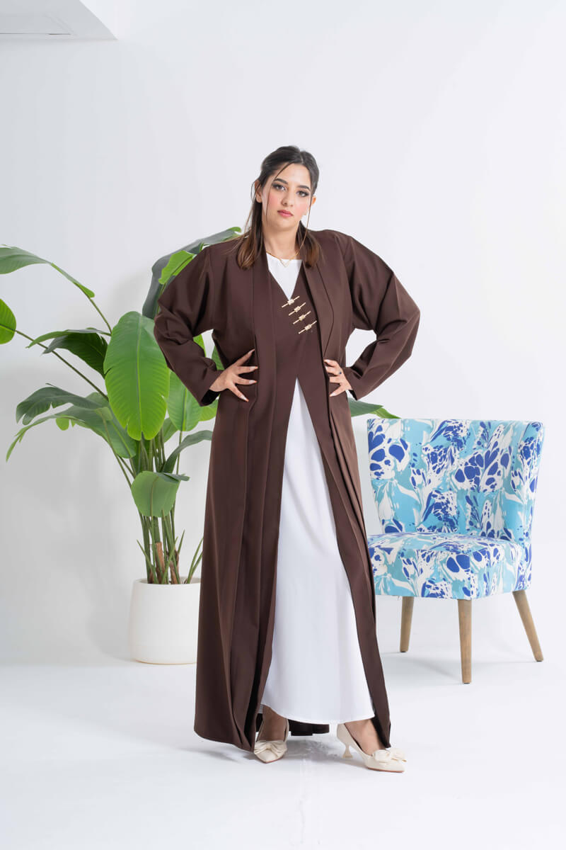 NY-35- BROWN ABAYA WITH FRONT CLOSING DESIGN (FUAA LINEN)