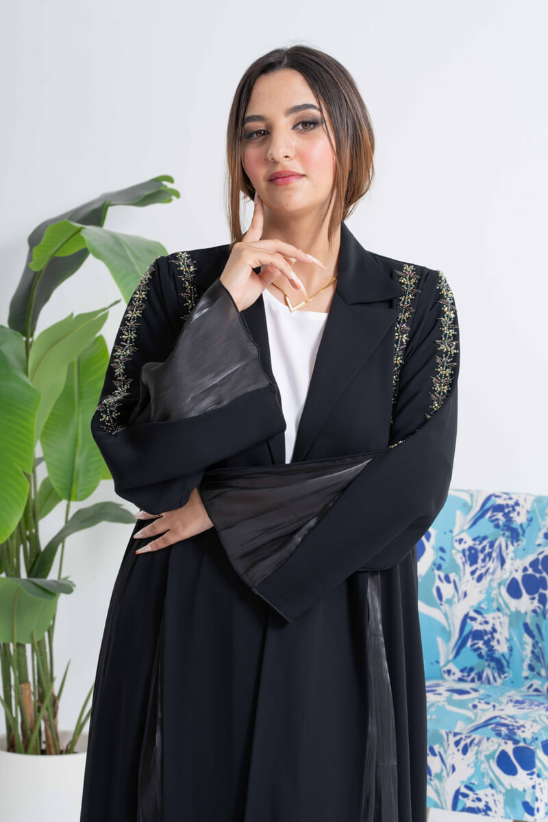 NY-36 - BLACK ABAYA WITH GREEN HANDWORK AND EXTENSION (CUBRA)