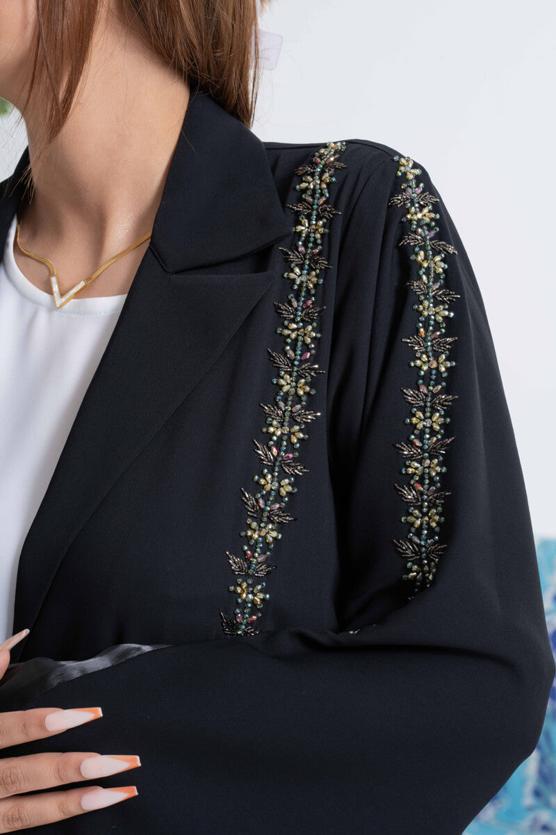 NY-36 - BLACK ABAYA WITH GREEN HANDWORK AND EXTENSION (CUBRA)