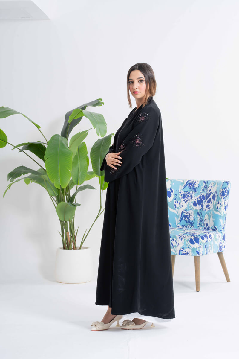 NY-37 - BLACK ABAYA WITH UNIQUE COLLAR AND HANDWORK ON THE HANDS (BARBIE)