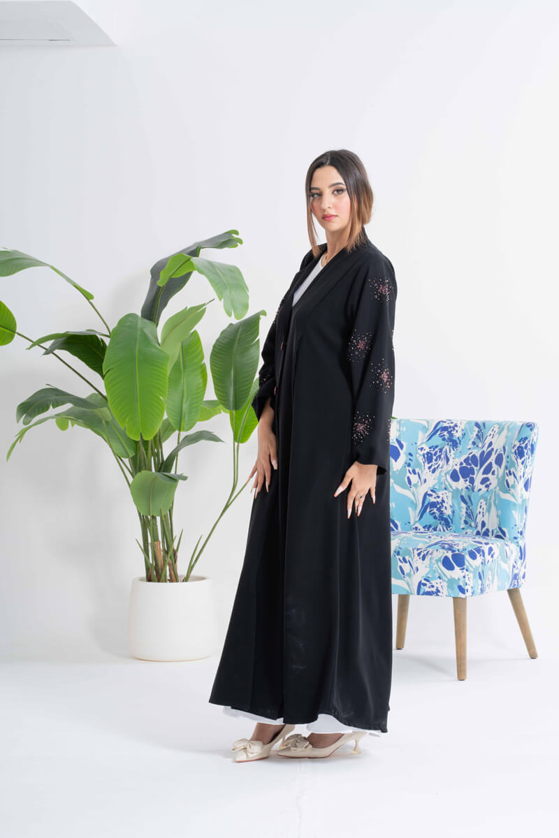 NY-37 - BLACK ABAYA WITH UNIQUE COLLAR AND HANDWORK ON THE HANDS (BARBIE)