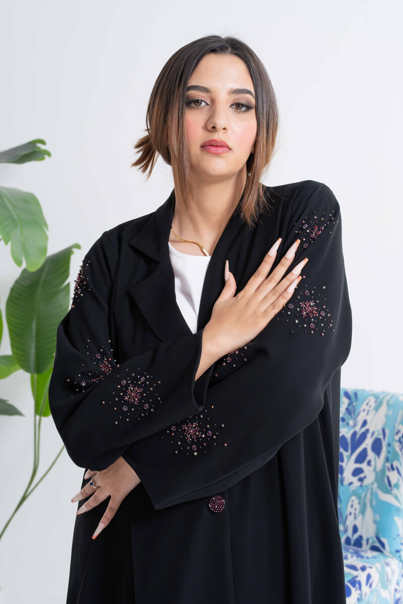NY-37 - BLACK ABAYA WITH UNIQUE COLLAR AND HANDWORK ON THE HANDS (BARBIE)
