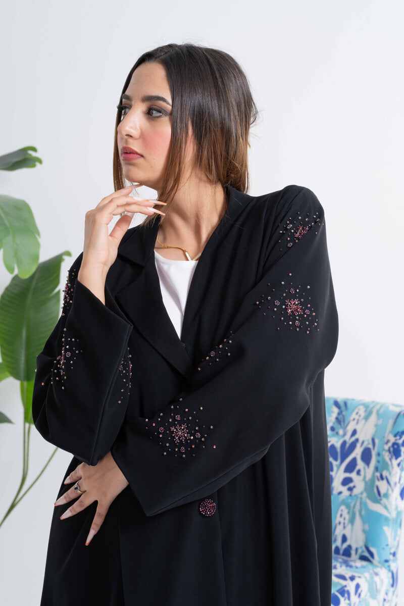 NY-37 - BLACK ABAYA WITH UNIQUE COLLAR AND HANDWORK ON THE HANDS (BARBIE)