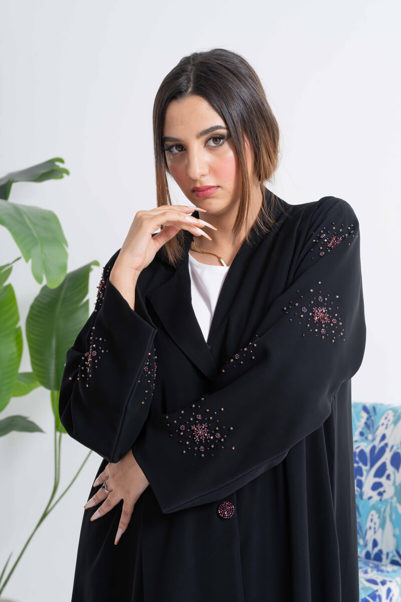 NY-37 - BLACK ABAYA WITH UNIQUE COLLAR AND HANDWORK ON THE HANDS (BARBIE)