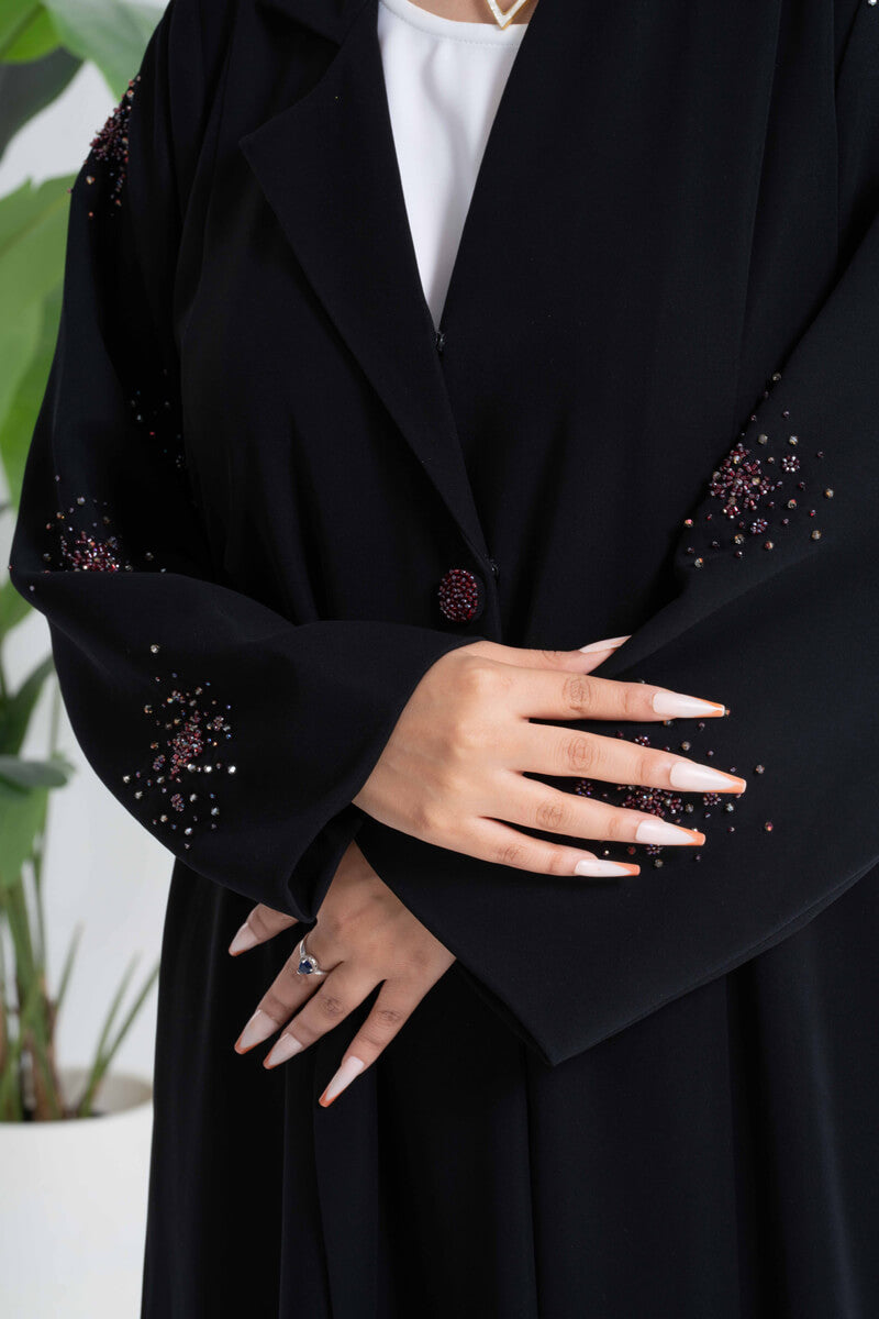 NY-37 - BLACK ABAYA WITH UNIQUE COLLAR AND HANDWORK ON THE HANDS (BARBIE)