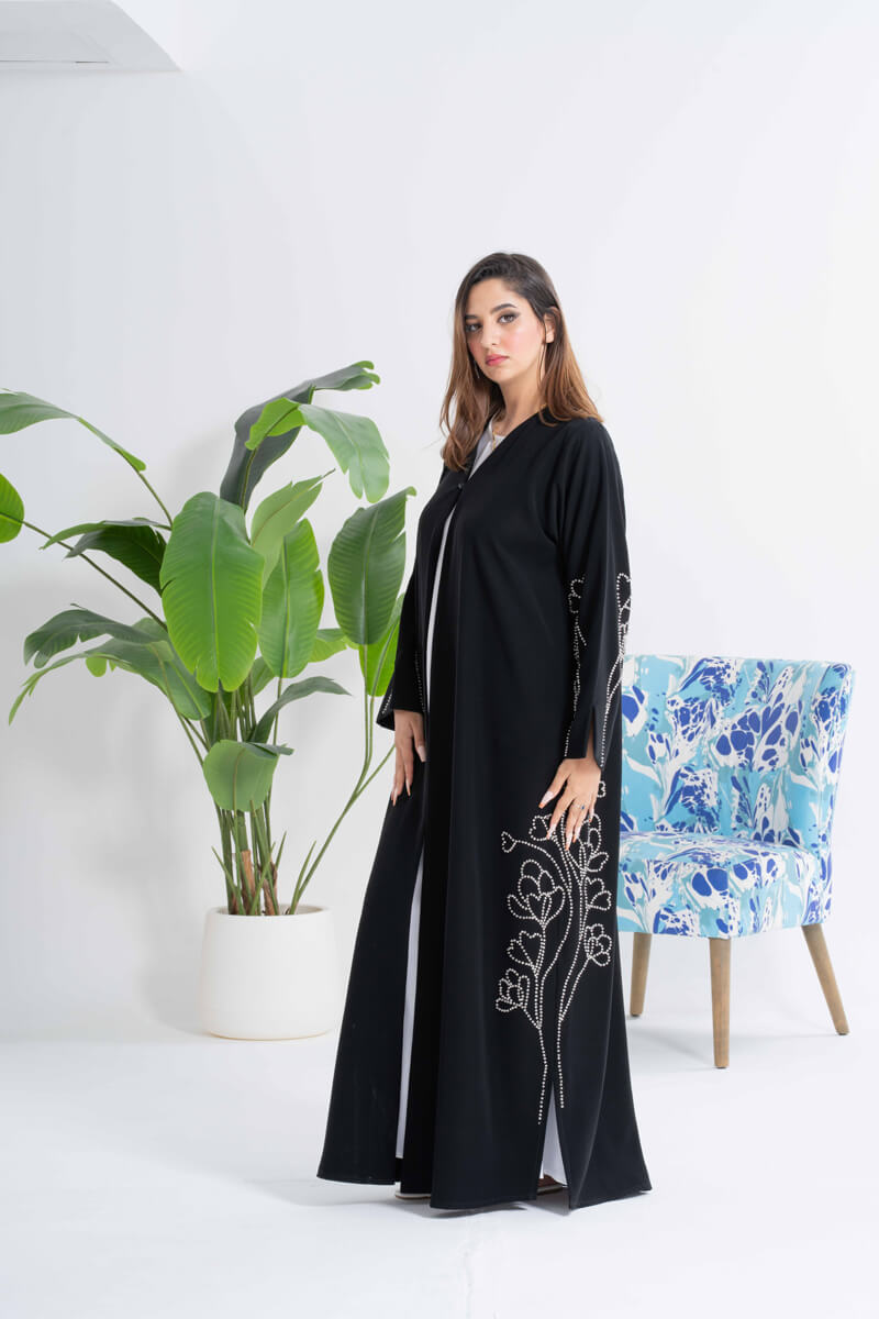 NY-40 - BLACK ABAYA WITH SIDE FLORAL HANDWORK (BARBIE)