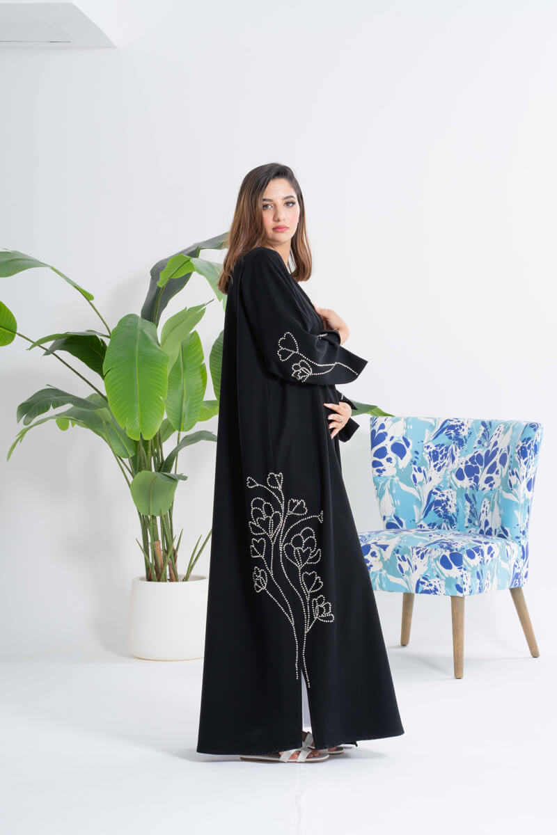 NY-40 - BLACK ABAYA WITH SIDE FLORAL HANDWORK (BARBIE)