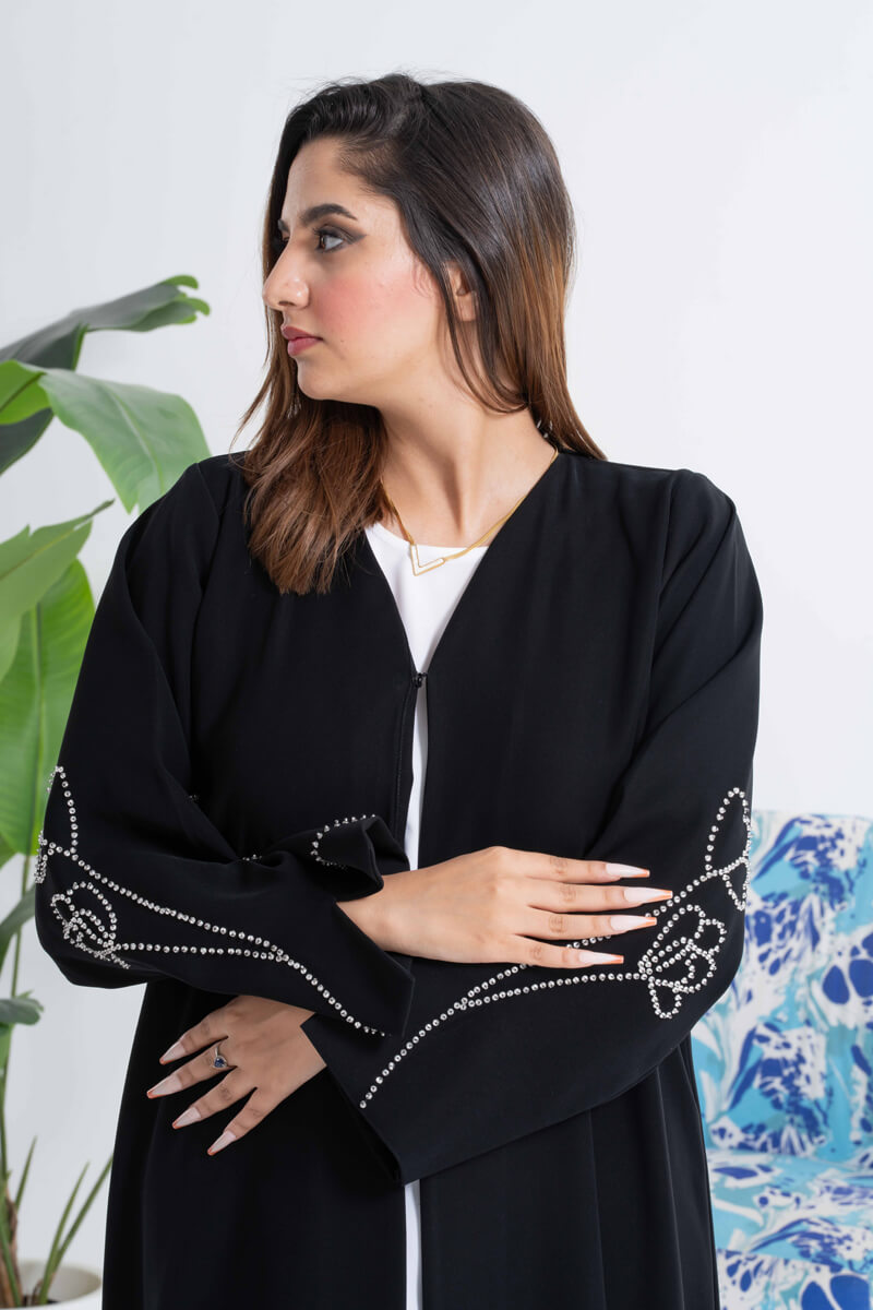 NY-40 - BLACK ABAYA WITH SIDE FLORAL HANDWORK (BARBIE)
