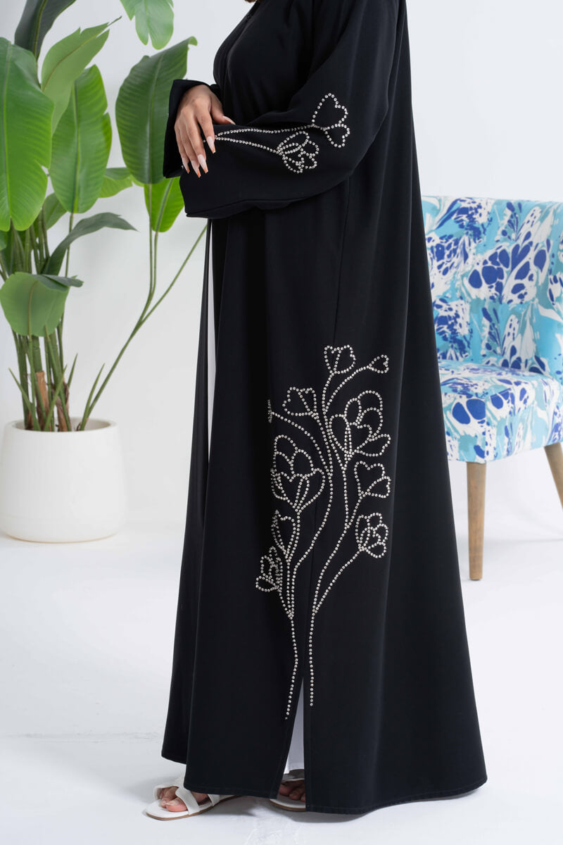 NY-40 - BLACK ABAYA WITH SIDE FLORAL HANDWORK (BARBIE)