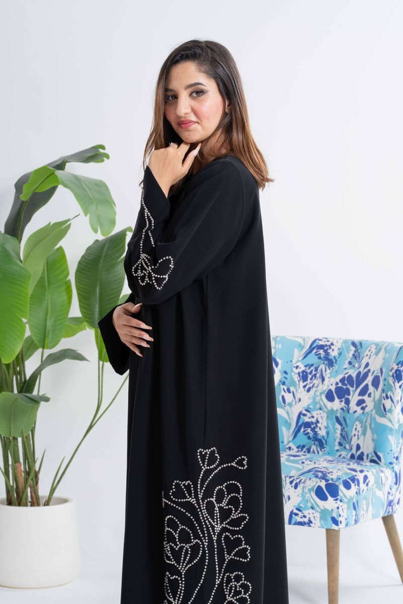 NY-40 - BLACK ABAYA WITH SIDE FLORAL HANDWORK (BARBIE)