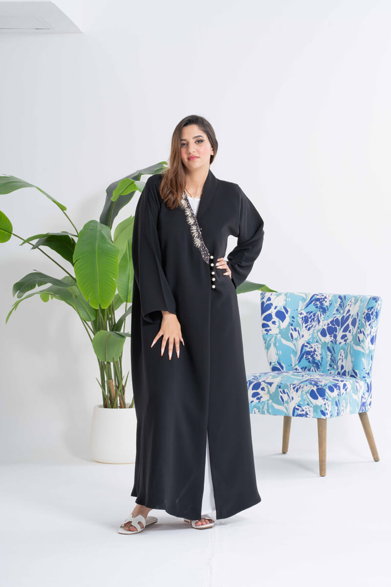 NY-41 - BLACK ABAYA WITH OVERLAP DESIGN AND HANDWORK (ANJELICA)