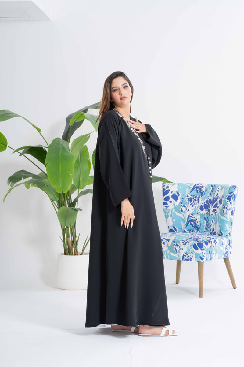 NY-41 - BLACK ABAYA WITH OVERLAP DESIGN AND HANDWORK (ANJELICA)