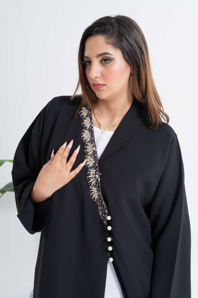NY-41 - BLACK ABAYA WITH OVERLAP DESIGN AND HANDWORK (ANJELICA)