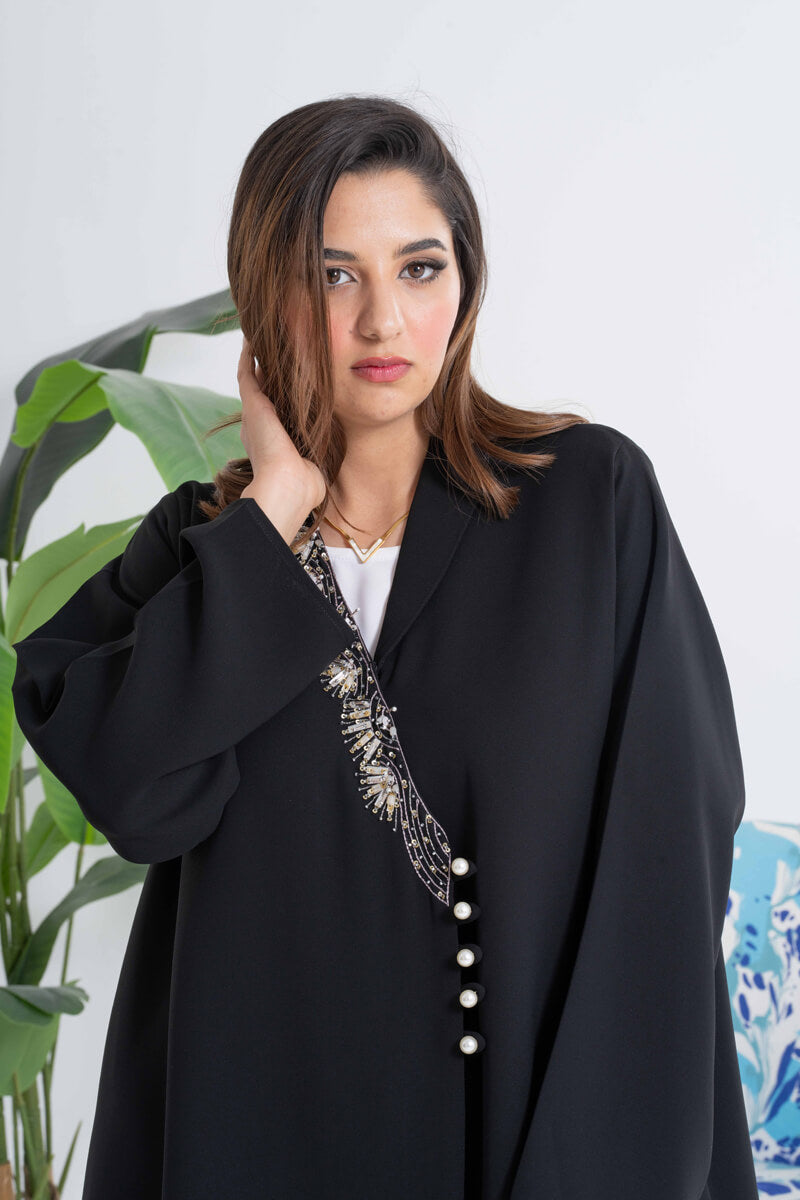 NY-41 - BLACK ABAYA WITH OVERLAP DESIGN AND HANDWORK (ANJELICA)