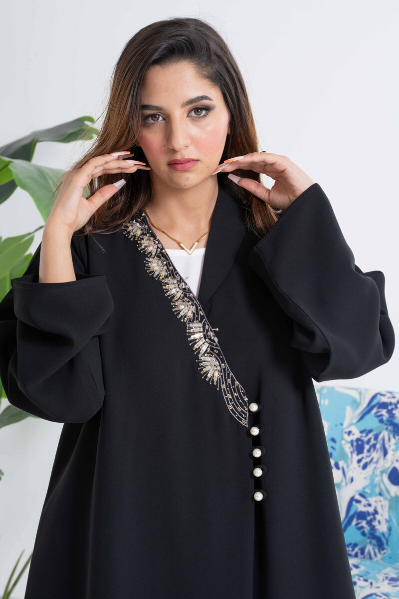 NY-41 - BLACK ABAYA WITH OVERLAP DESIGN AND HANDWORK (ANJELICA)