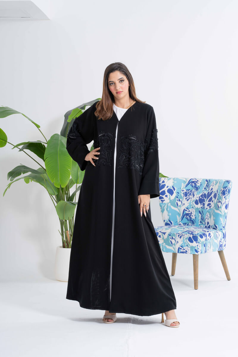 NY-42 - BLACK ABAYA WITH HANDWORK IN THE MIDDLE (BARBIE)