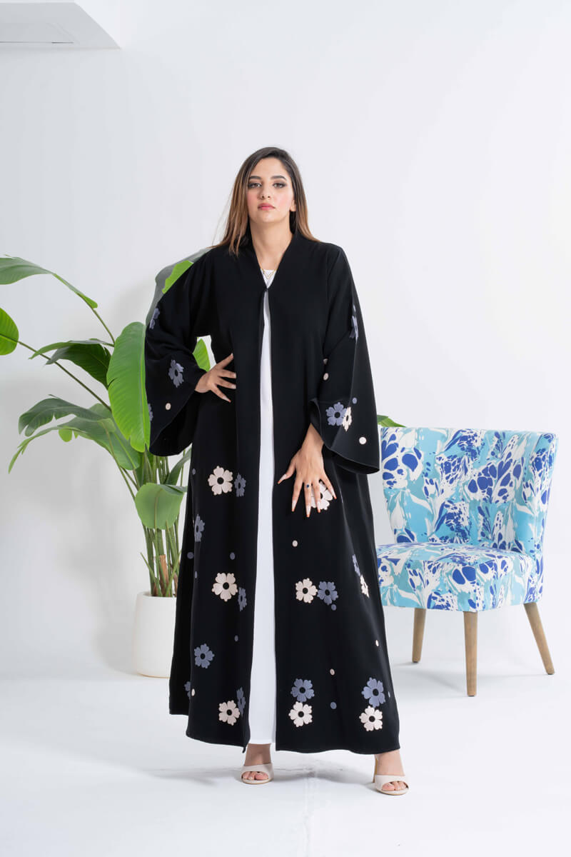 NY-43 - BLACK ABAYA WITH FLORAL LAZER WORK (BARBIE)