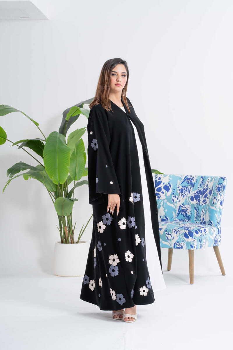 NY-43 - BLACK ABAYA WITH FLORAL LAZER WORK (BARBIE)