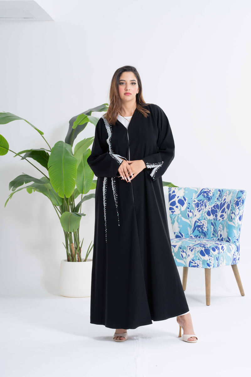 NY-44 - BLACK ABAYA WITH HANDWORK AT ONE SIDE AND HANDS (BARBIE)