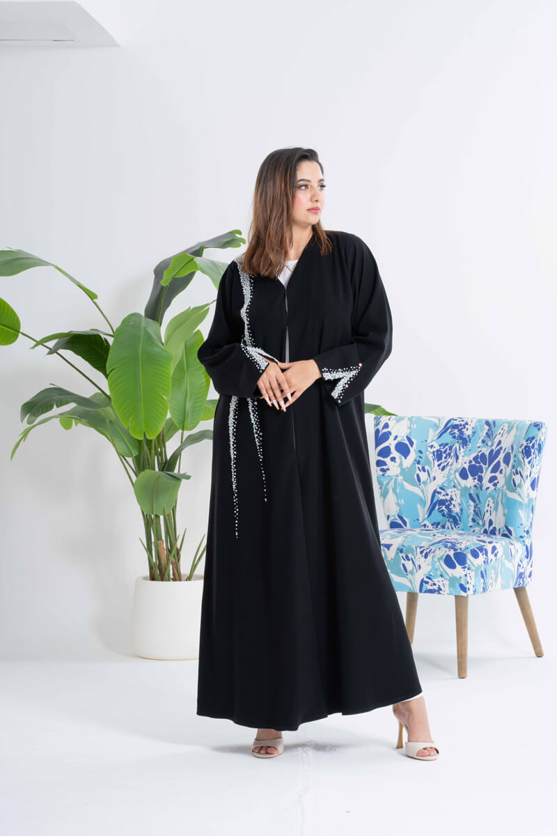 NY-44 - BLACK ABAYA WITH HANDWORK AT ONE SIDE AND HANDS (BARBIE)
