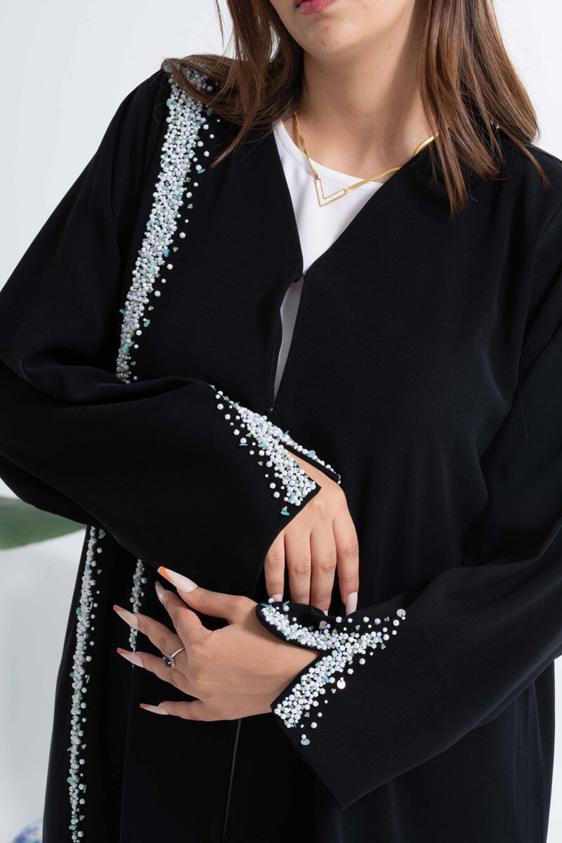 NY-44 - BLACK ABAYA WITH HANDWORK AT ONE SIDE AND HANDS (BARBIE)