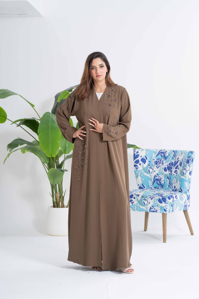 NY-46 - BROWN ABAYA WITH FRONT HANDWORK (BARBIE)