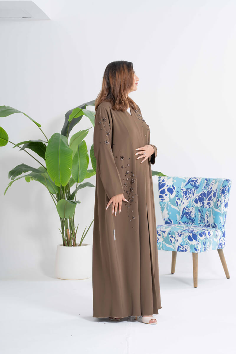 NY-46 - BROWN ABAYA WITH FRONT HANDWORK (BARBIE)