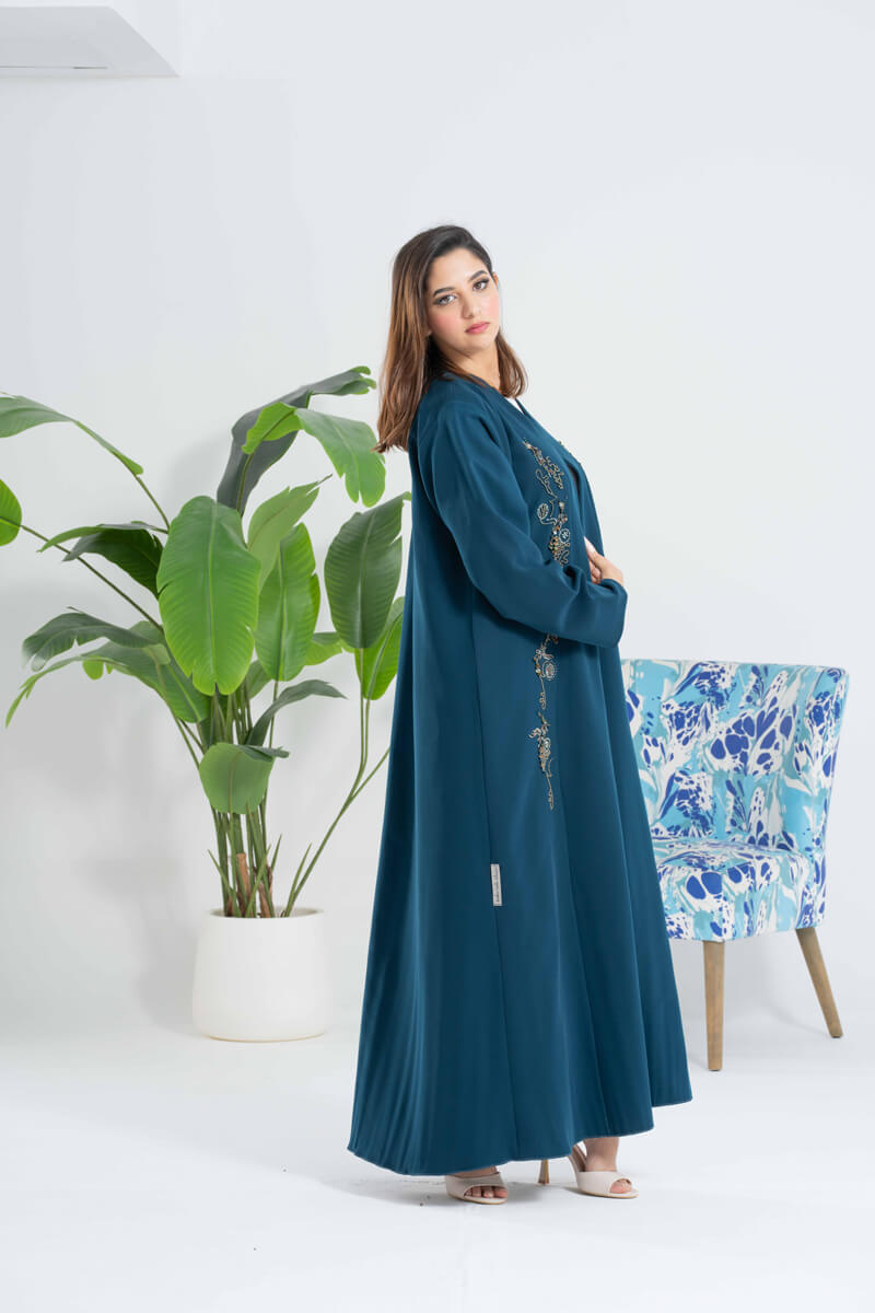 NY-47 - PETROLEUM COLOR ABAYA WITH FRONT HANDWORK STITCHING (BARBIE)