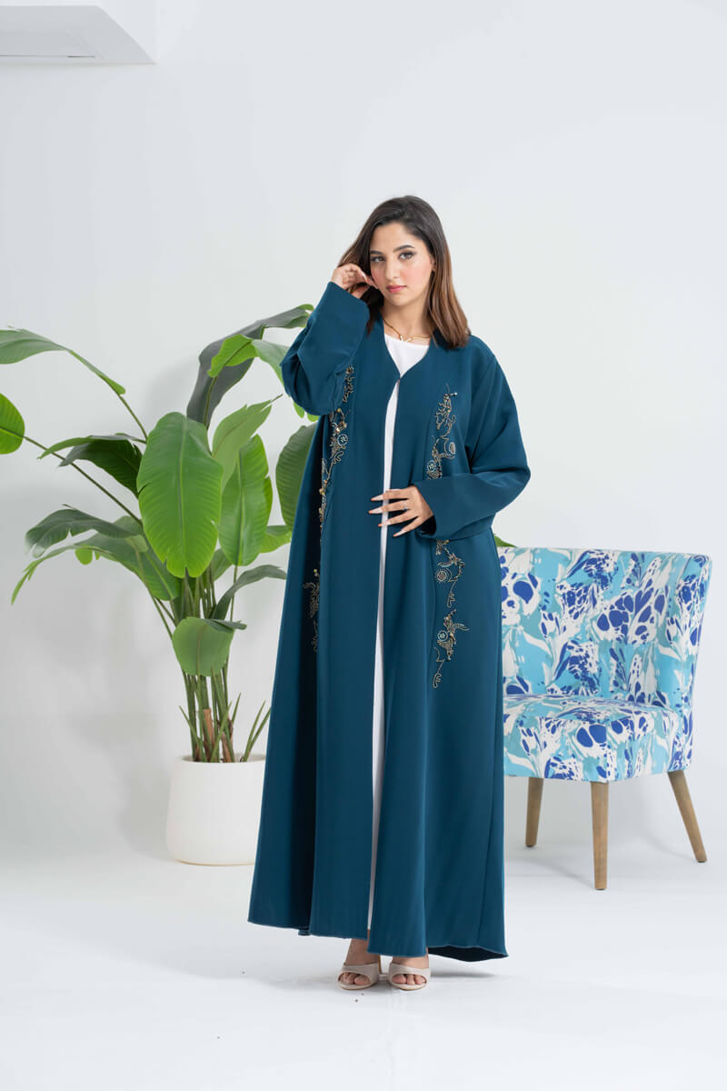 NY-47 - PETROLEUM COLOR ABAYA WITH FRONT HANDWORK STITCHING (BARBIE)