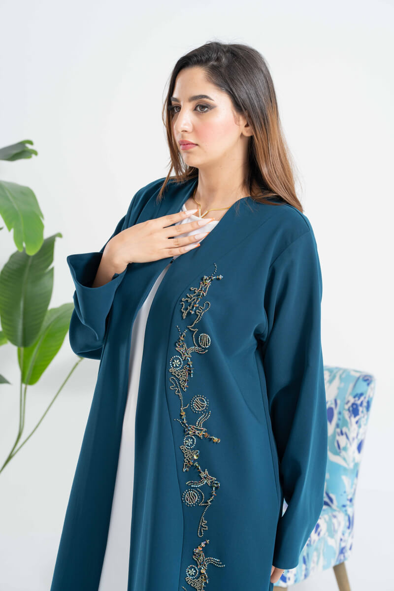 NY-47 - PETROLEUM COLOR ABAYA WITH FRONT HANDWORK STITCHING (BARBIE)
