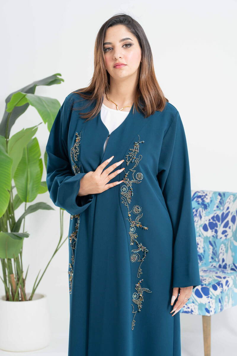 NY-47 - PETROLEUM COLOR ABAYA WITH FRONT HANDWORK STITCHING (BARBIE)