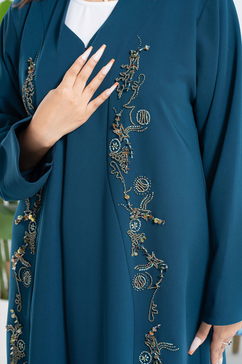 NY-47 - PETROLEUM COLOR ABAYA WITH FRONT HANDWORK STITCHING (BARBIE)