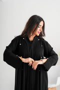 NY-71 - BLACK PLAIN ABAYA WITH A TOUCH OF FLOWER SHAPED BUTTONS (KOREAN NIDA)
