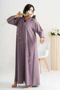NY-80 - PINK ABAYA WITH FRONT AND HAND FLORAL HANDWORK (BARBIE)